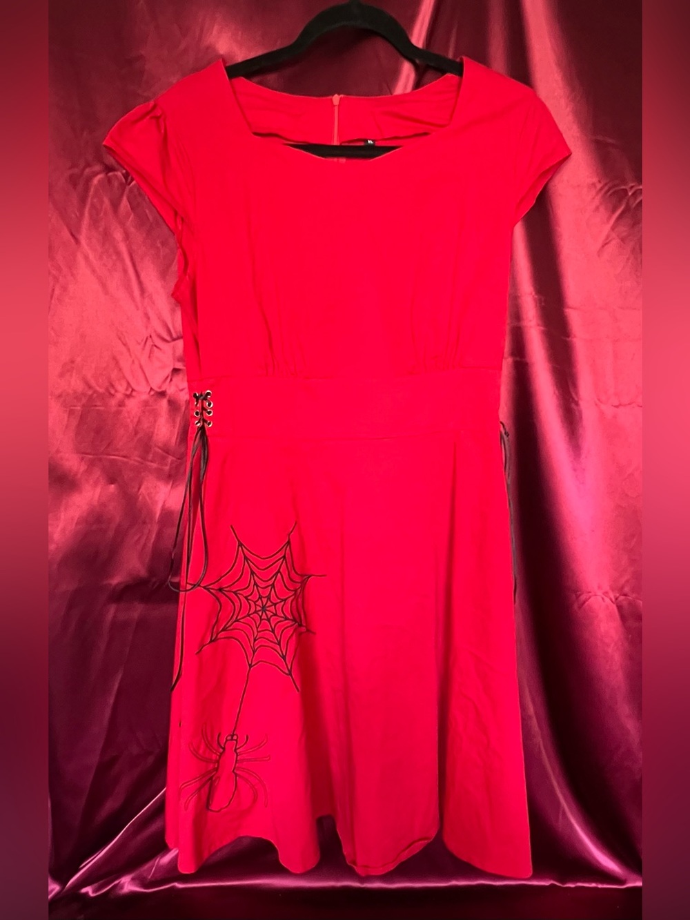 Red Cotton Spooky Halloween Sleeveless A-Line Dress w/ Spider& Web- Size XL